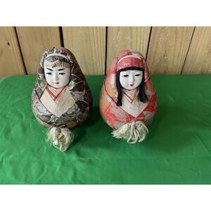 Vintage Wedding Dolls Round Bride Groom Set Kimono Brocade Collectible Figures